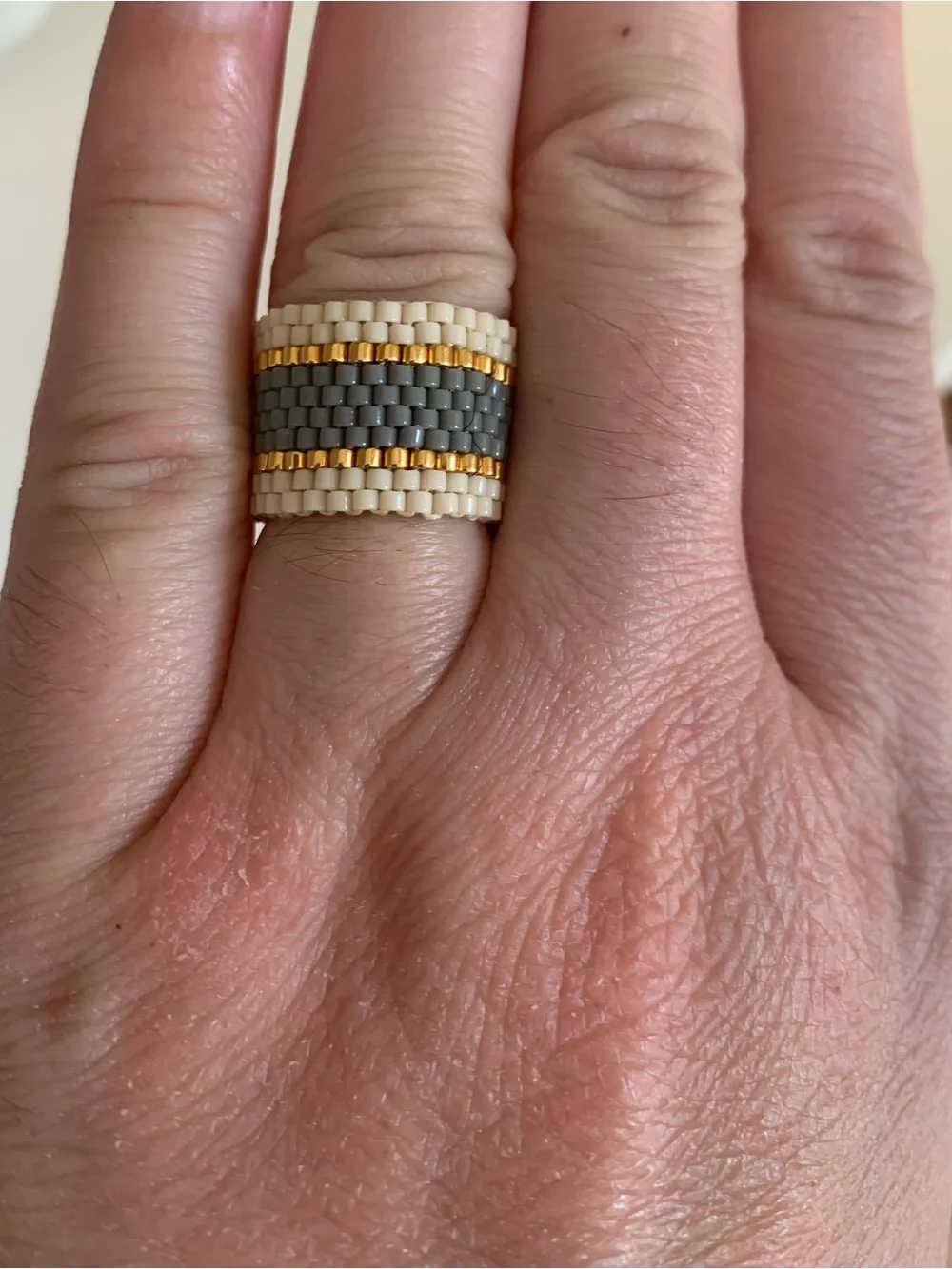 Maasai Beaded Ring Wide – Cream Grey & Gold Handmade woven mesh ring NEW